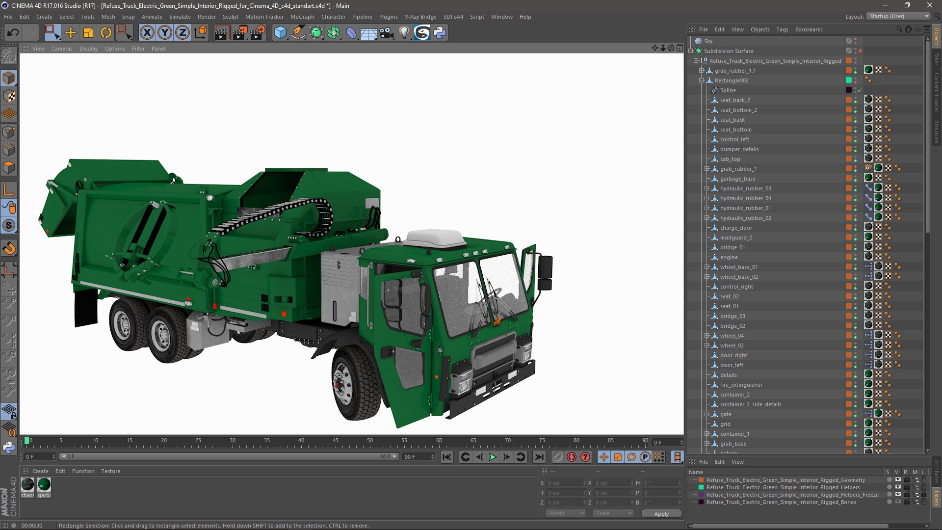 Refuse Truck Electric Green Simple Interior Rigged for Cinema 4D 3D model