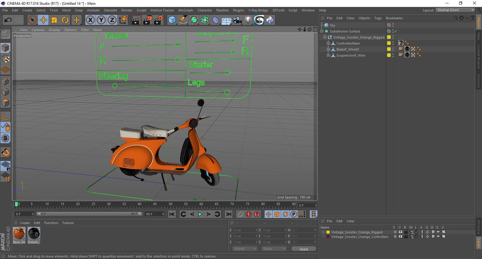 3D Vintage Scooter Orange Rigged for Cinema 4D model