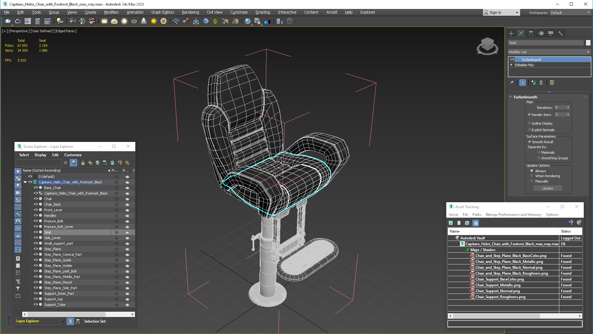 3D Captain Helm Chair with Footrest Black model