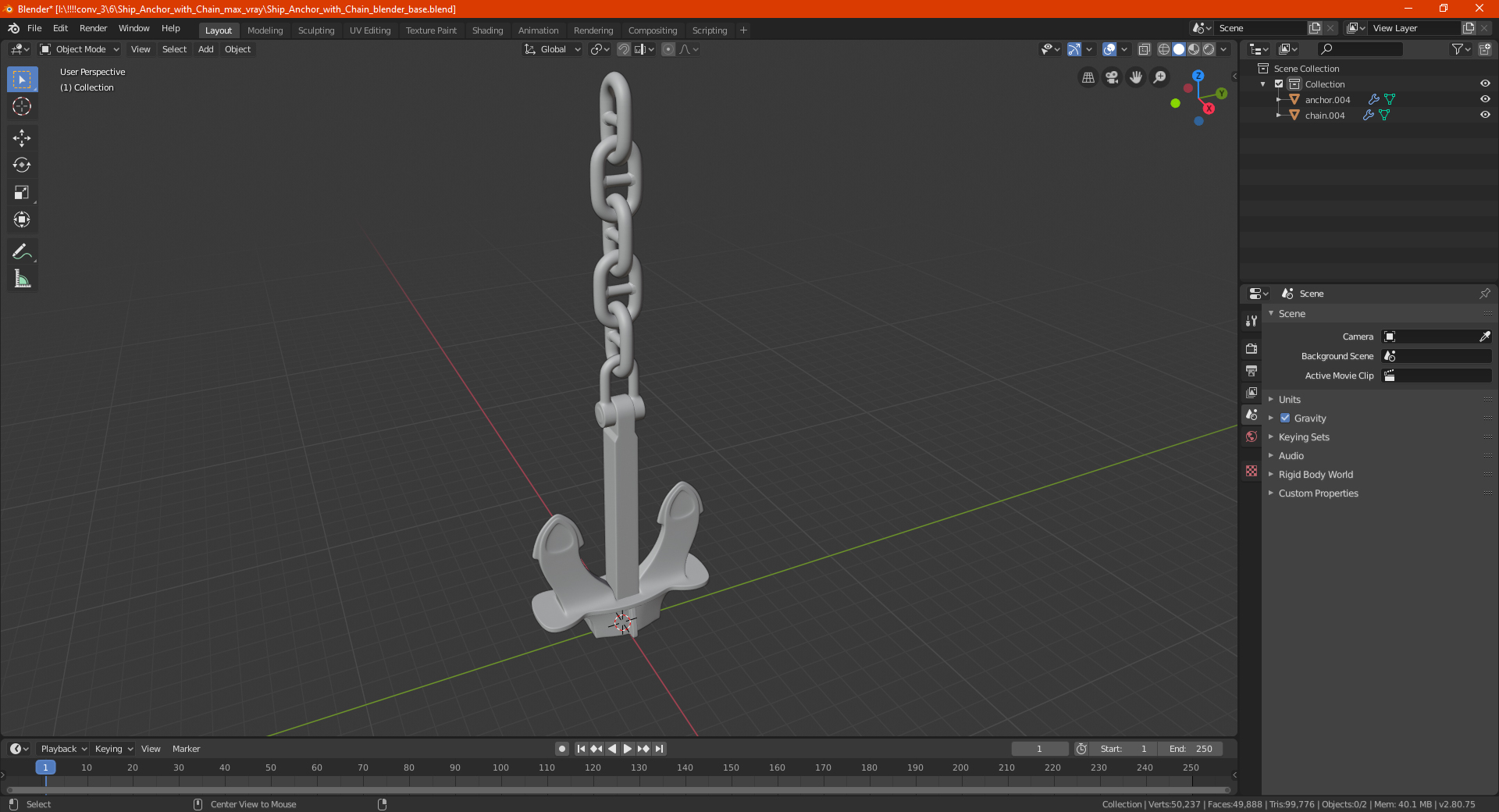 Ship Anchor with Chain 3D