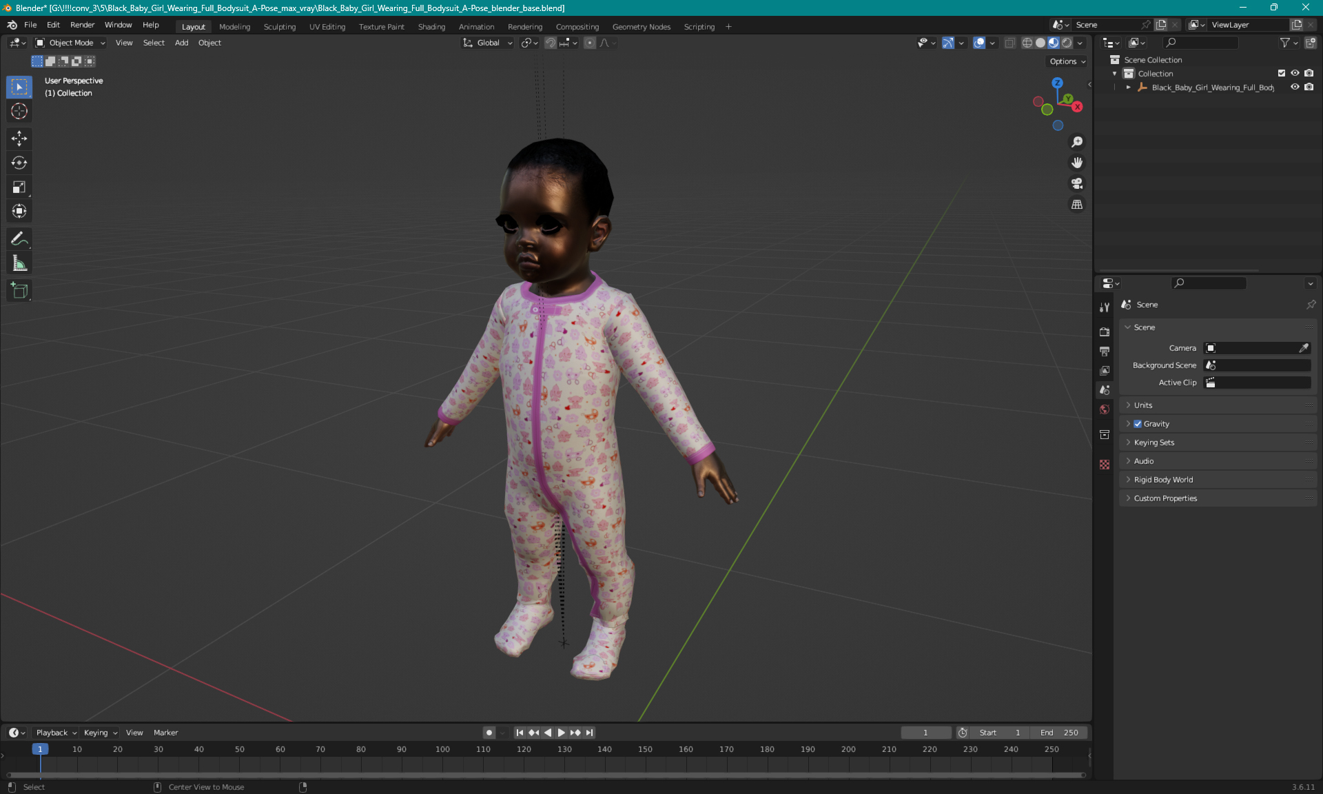 Black Baby Girl Wearing Full Bodysuit A-Pose 3D model