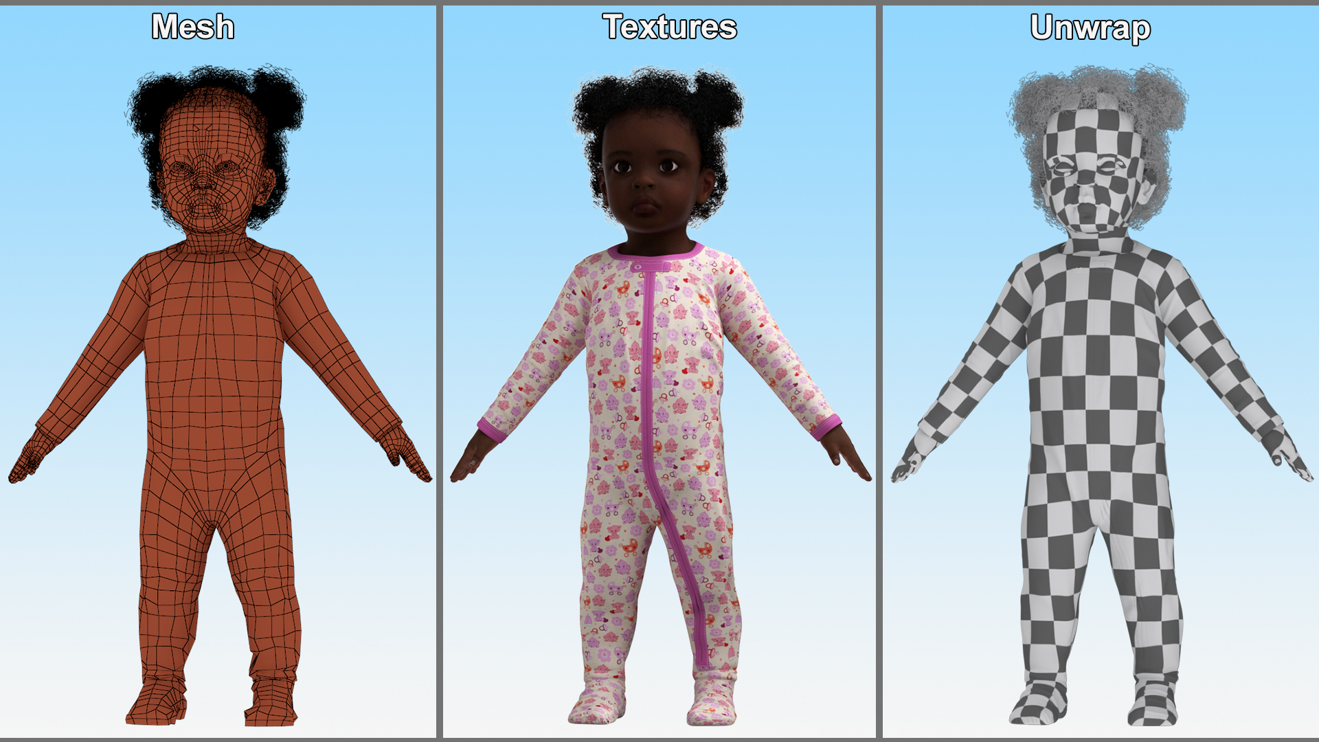 Black Baby Girl Wearing Full Bodysuit A-Pose 3D model