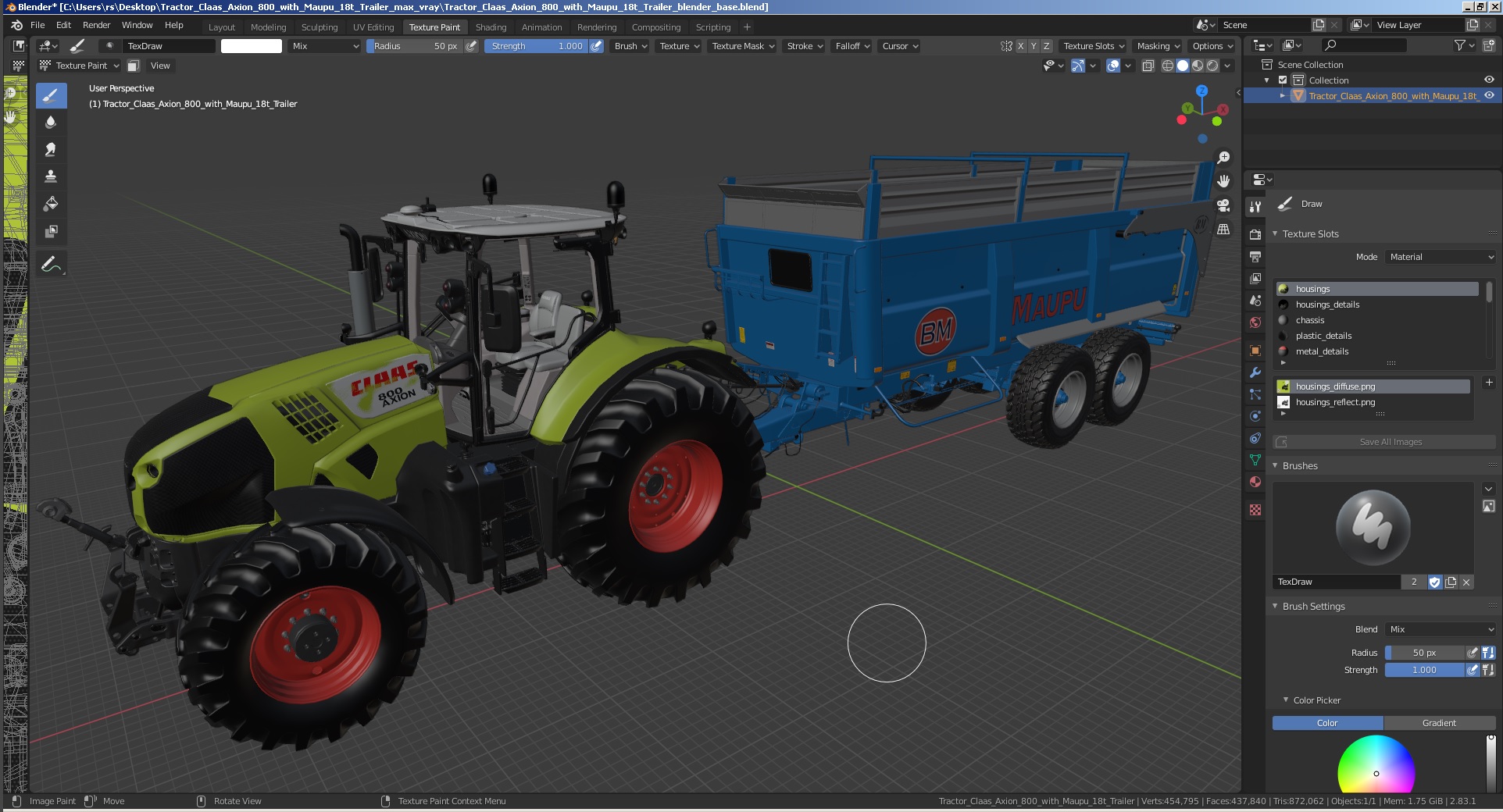 3D Tractor Claas Axion 800 with Maupu 18t Trailer