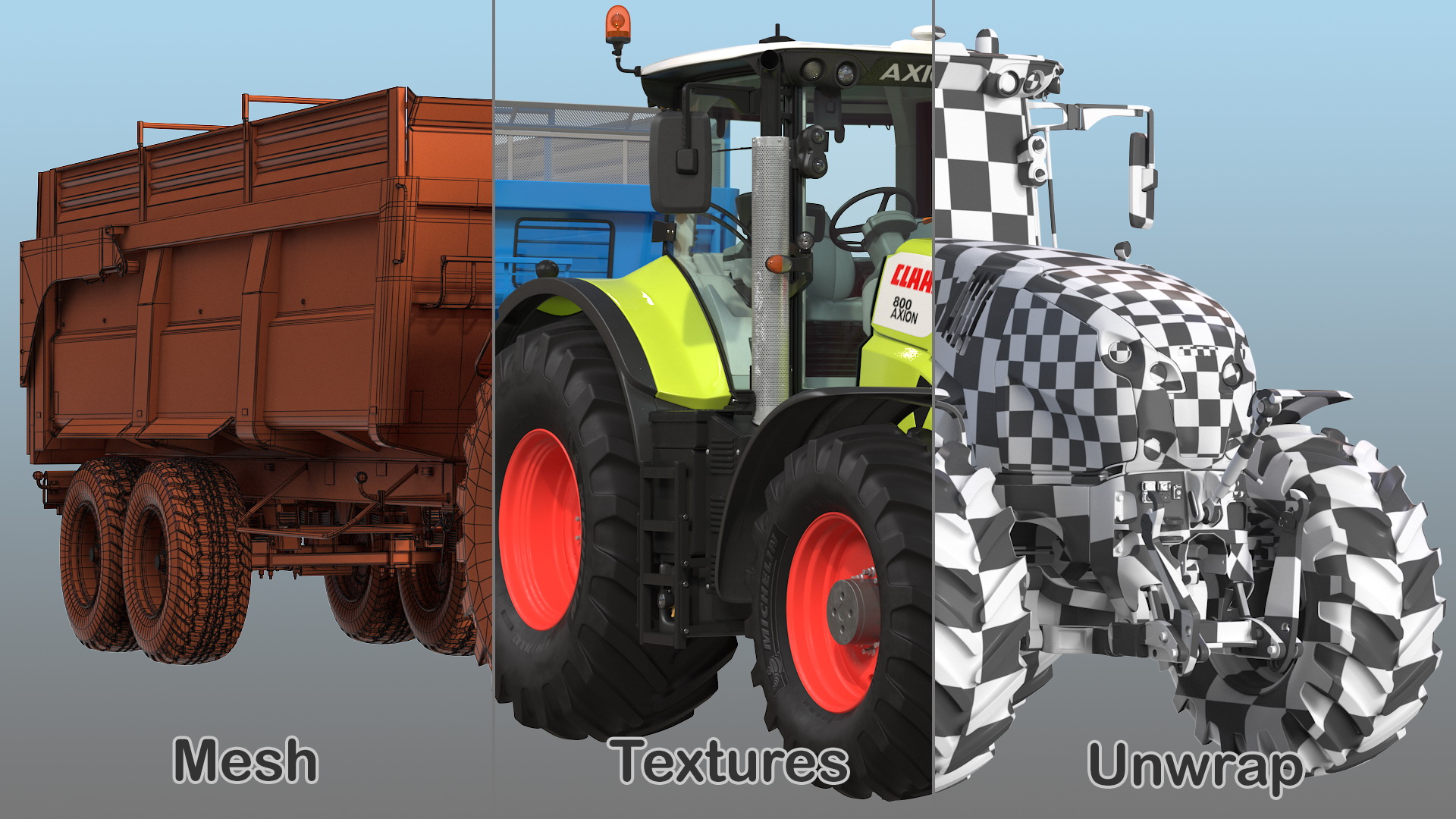 3D Tractor Claas Axion 800 with Maupu 18t Trailer