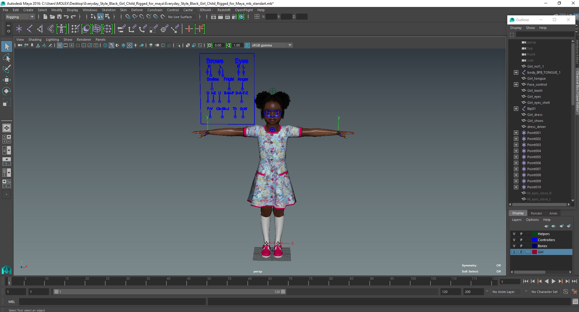 Everyday Style Black Girl Child Rigged for Maya 3D