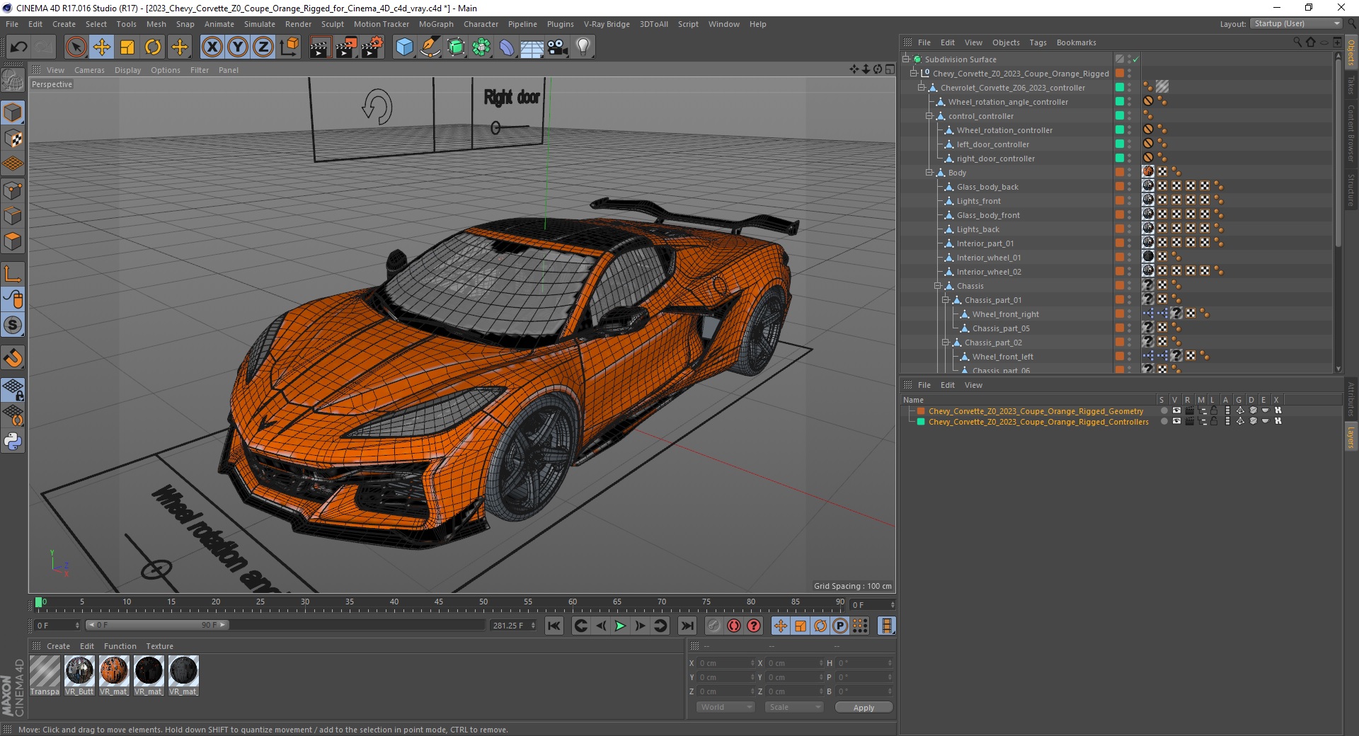 3D 2023 Chevy Corvette Z0 Coupe Orange Rigged for Cinema 4D