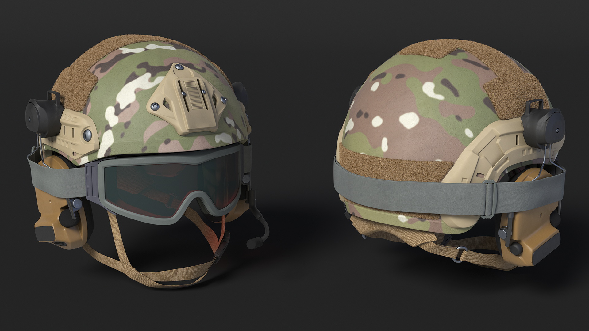 3D Tactical Gear Helmet Green Camo with Goggles Fur model