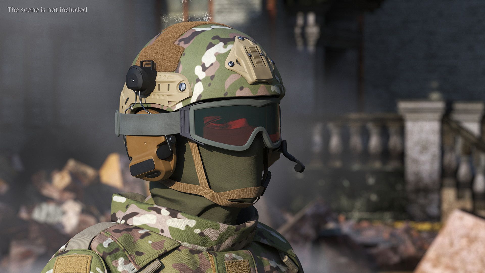 3D Tactical Gear Helmet Green Camo with Goggles Fur model