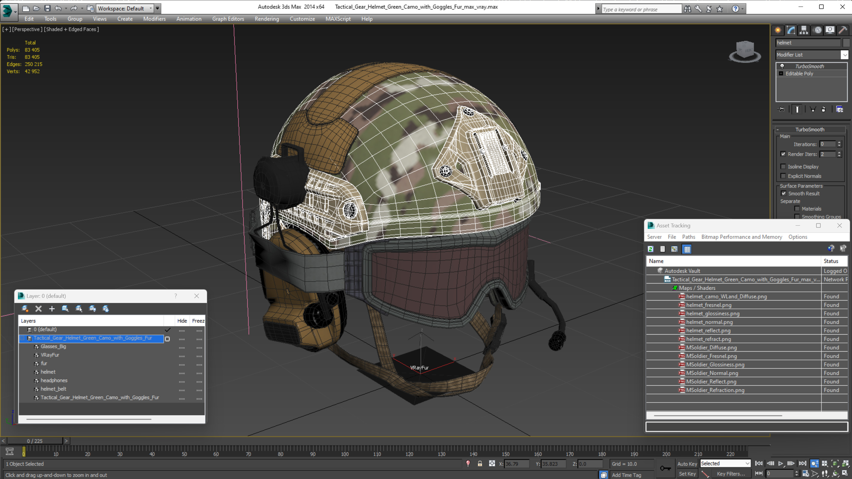 3D Tactical Gear Helmet Green Camo with Goggles Fur model