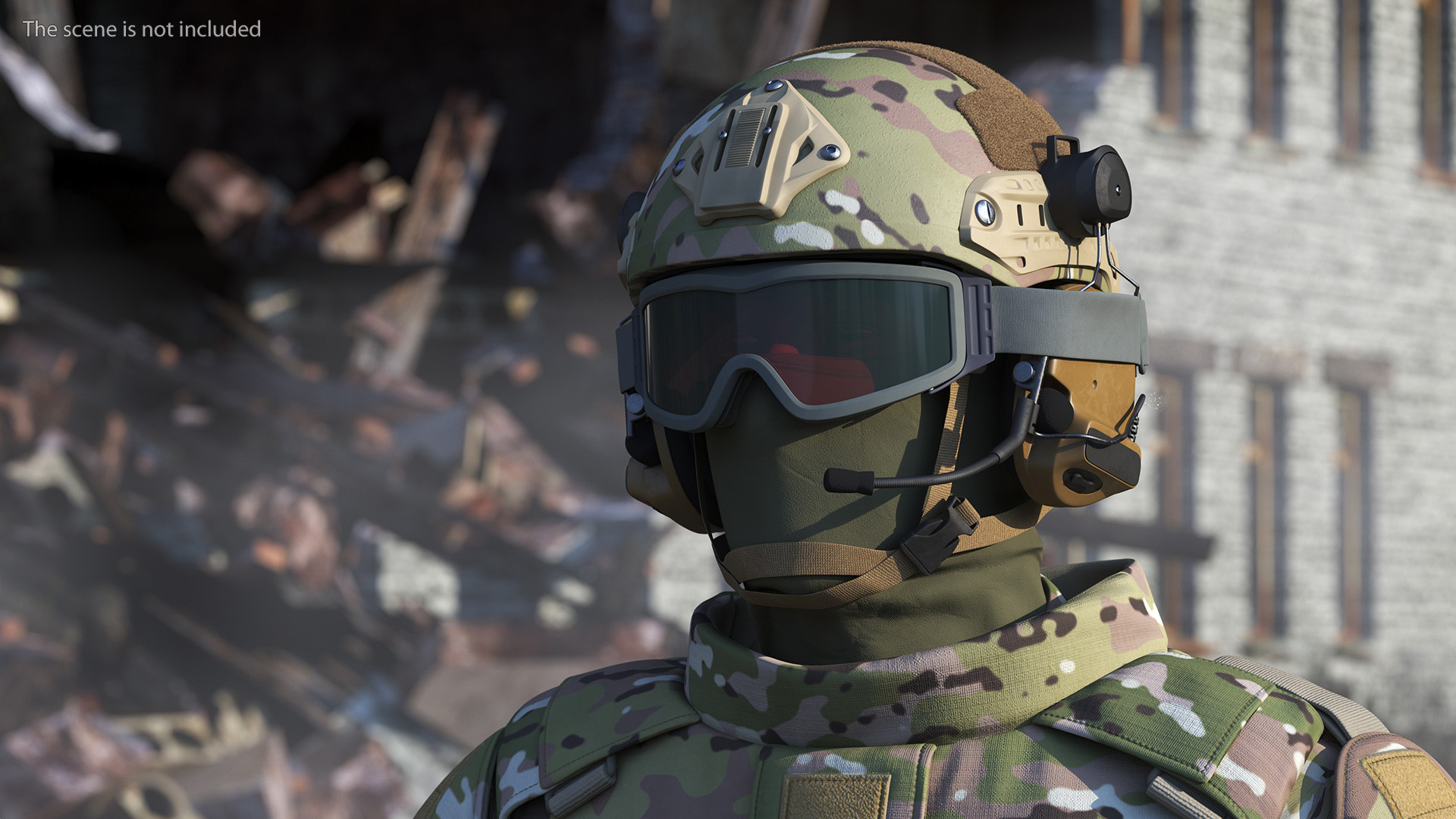 3D Tactical Gear Helmet Green Camo with Goggles Fur model