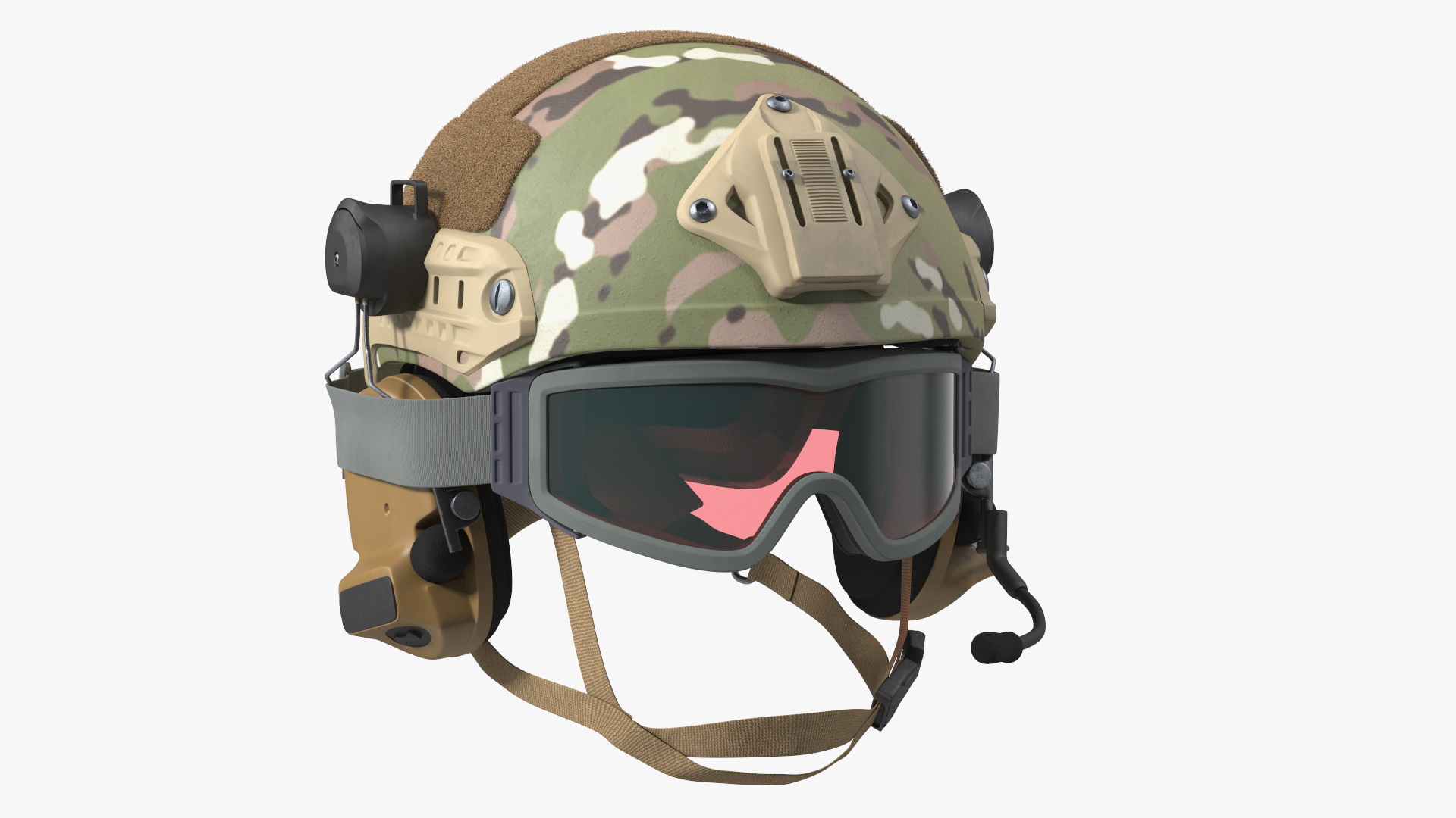 3D Tactical Gear Helmet Green Camo with Goggles Fur model