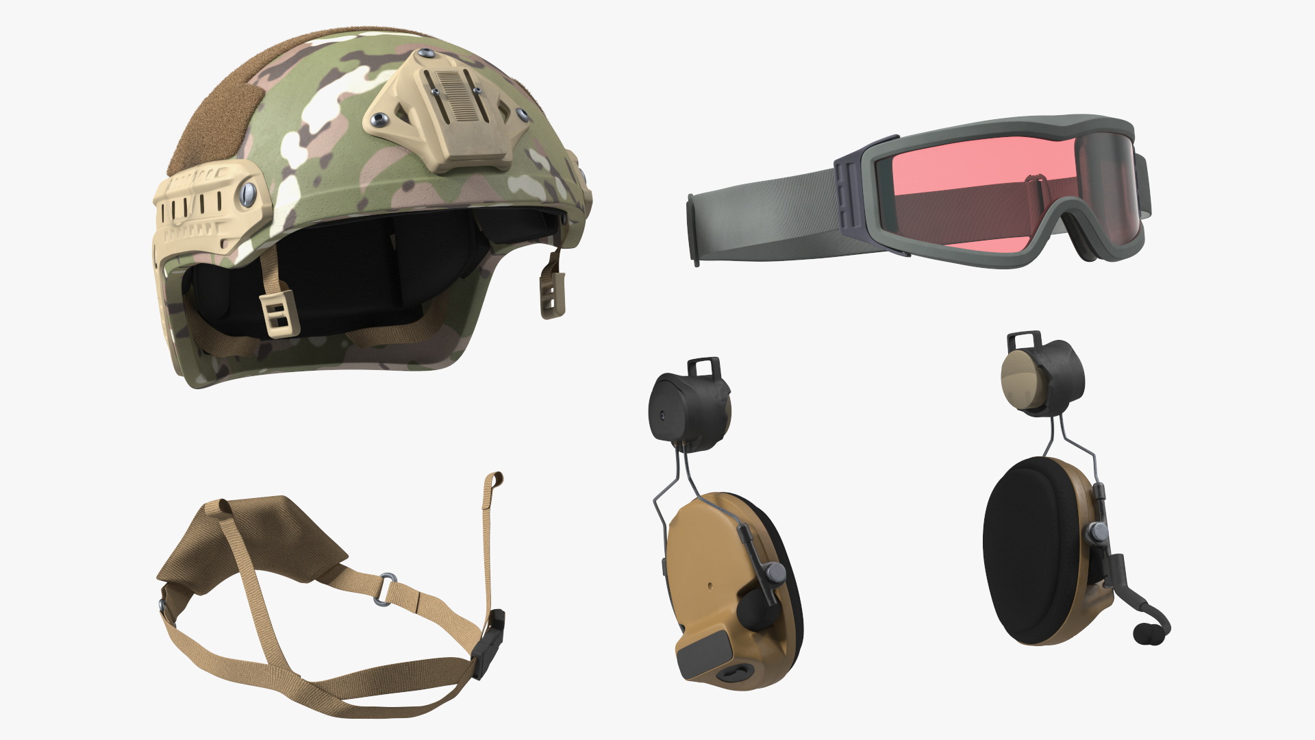3D Tactical Gear Helmet Green Camo with Goggles Fur model