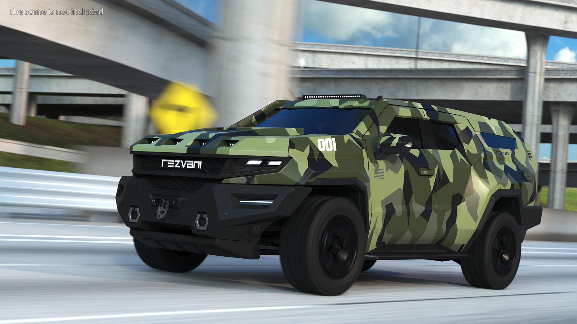 3D 2023 Rezvani Vengeance Armored SUV Camouflage Colored Lights On model