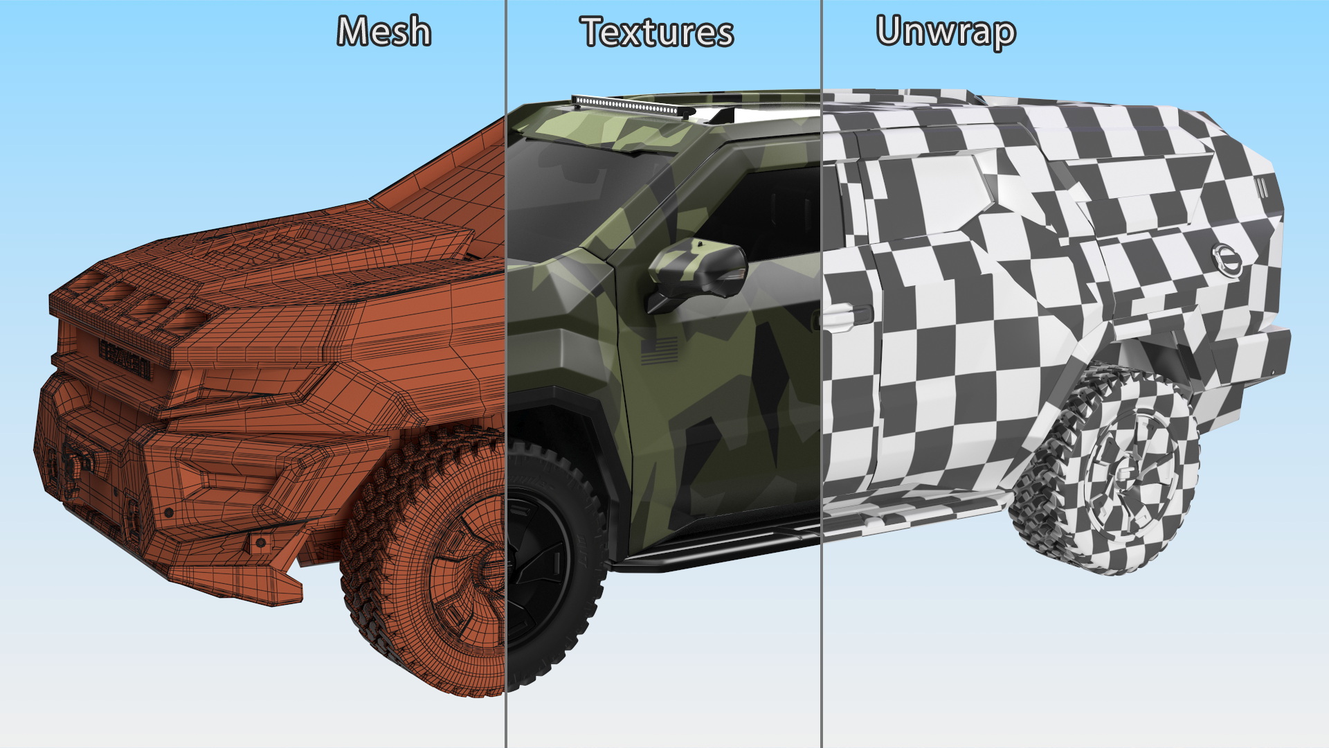 3D 2023 Rezvani Vengeance Armored SUV Camouflage Colored Lights On model