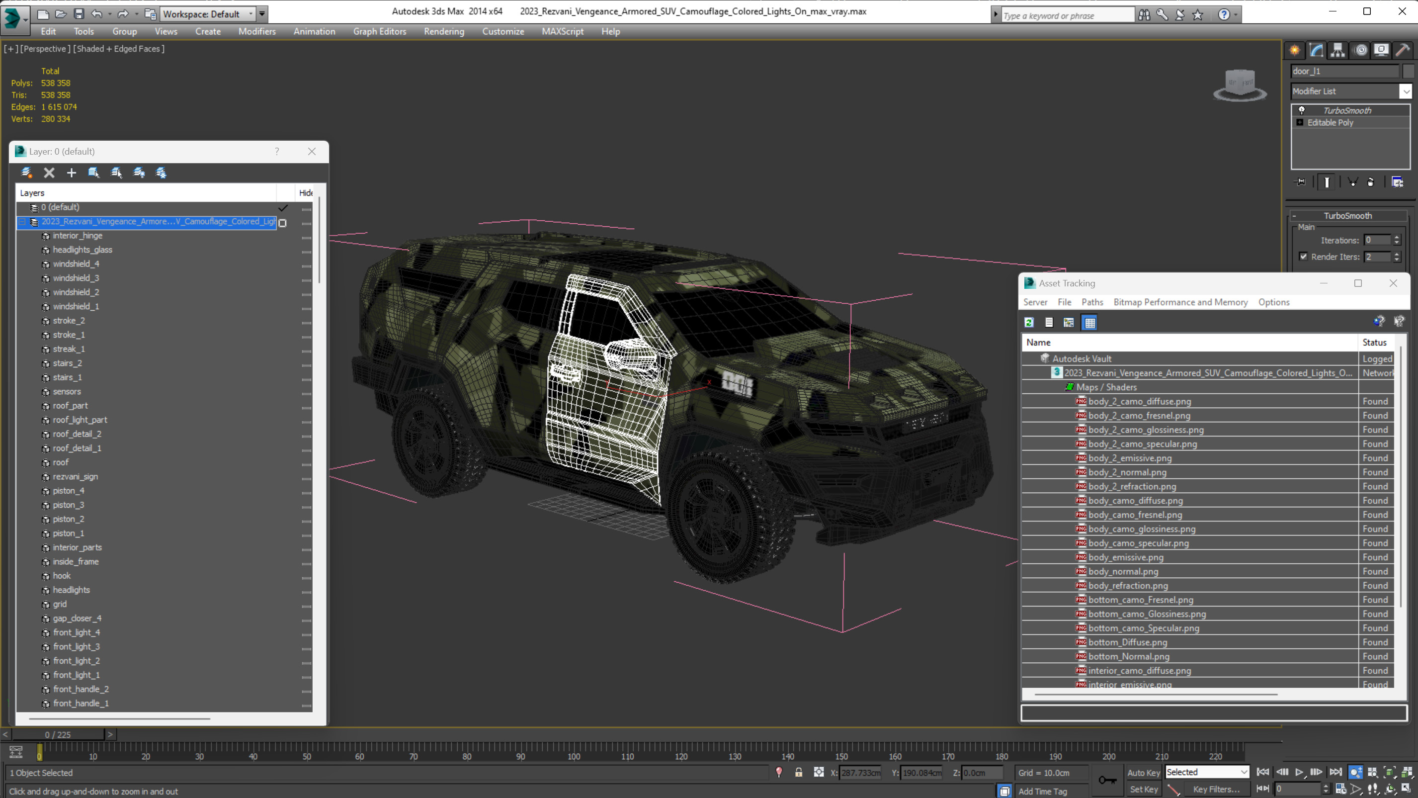 3D 2023 Rezvani Vengeance Armored SUV Camouflage Colored Lights On model
