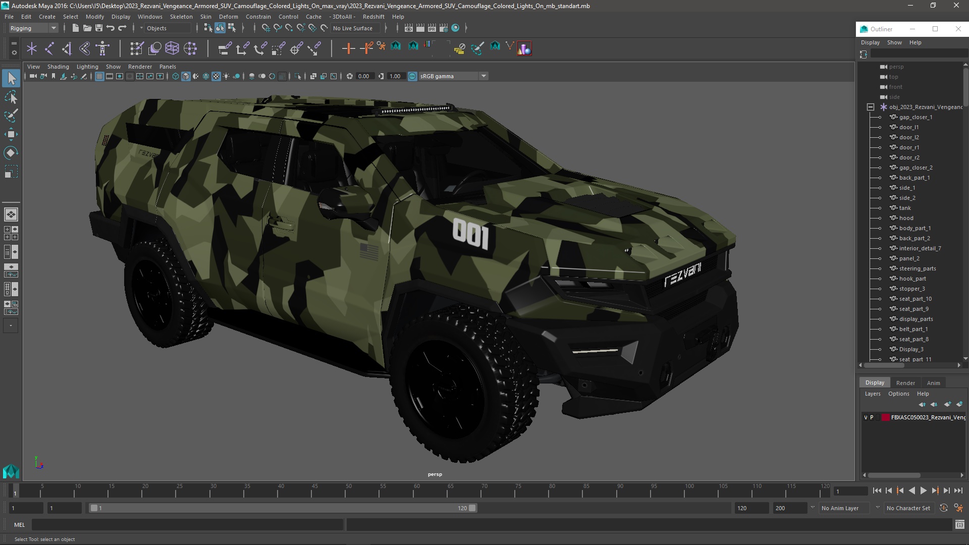 3D 2023 Rezvani Vengeance Armored SUV Camouflage Colored Lights On model