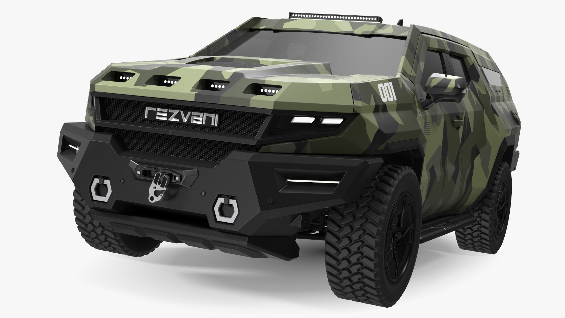 3D 2023 Rezvani Vengeance Armored SUV Camouflage Colored Lights On model