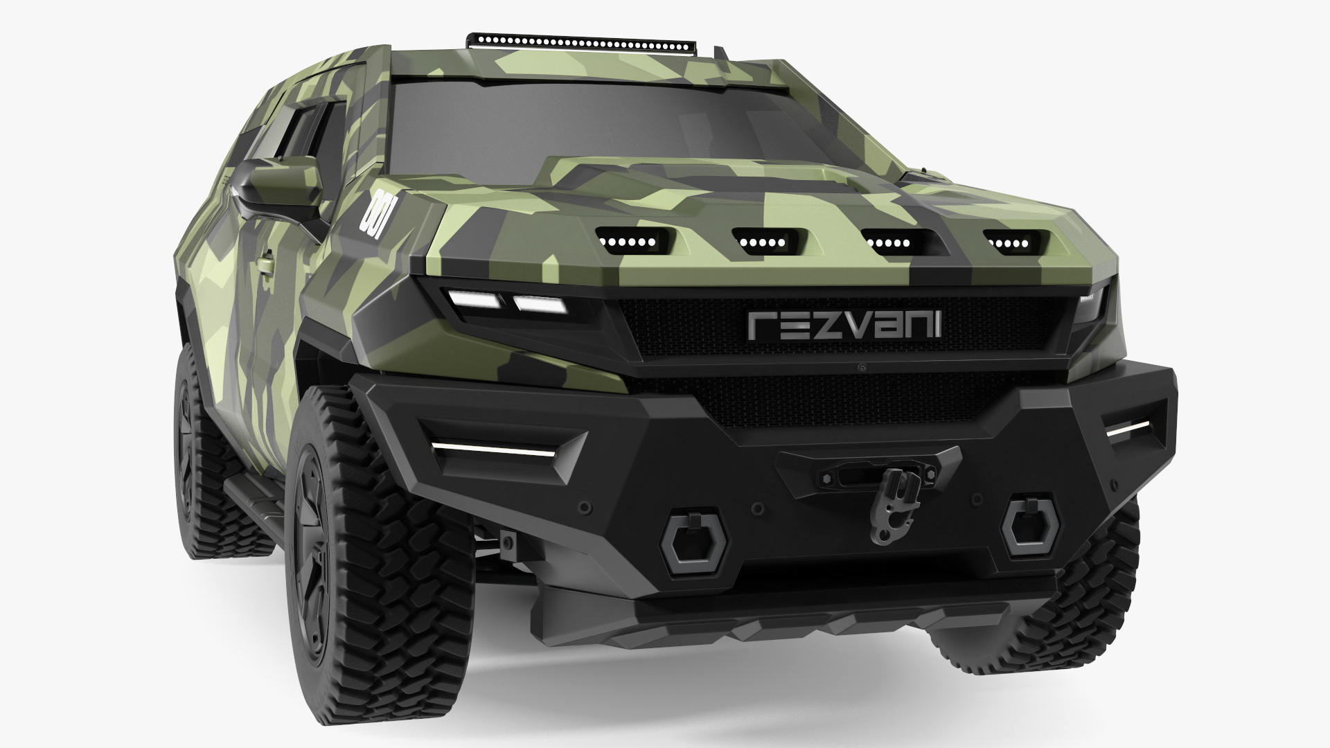 3D 2023 Rezvani Vengeance Armored SUV Camouflage Colored Lights On model