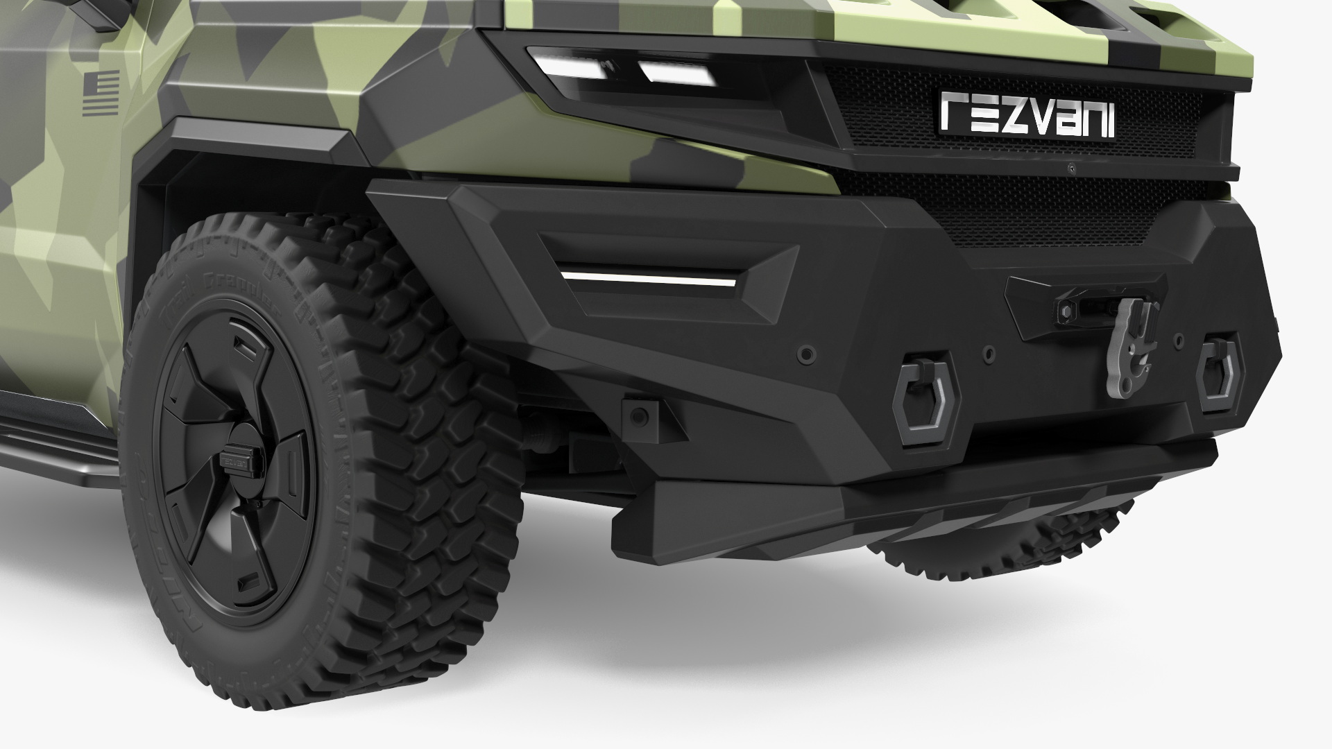 3D 2023 Rezvani Vengeance Armored SUV Camouflage Colored Lights On model