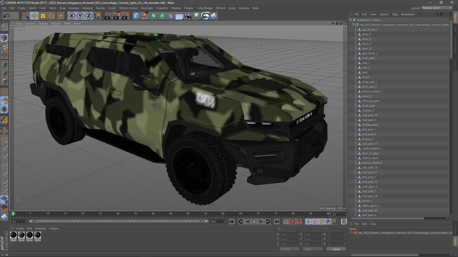 3D 2023 Rezvani Vengeance Armored SUV Camouflage Colored Lights On model