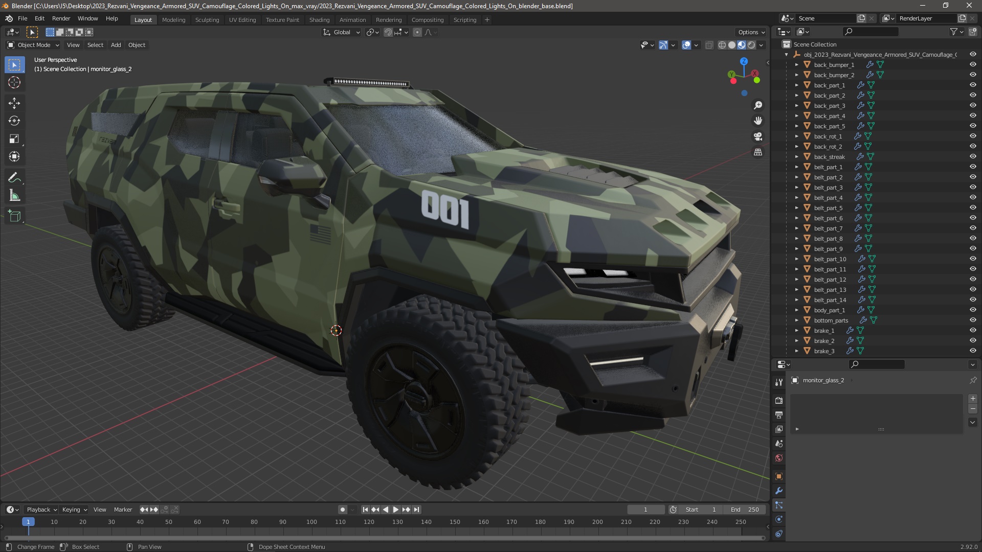 3D 2023 Rezvani Vengeance Armored SUV Camouflage Colored Lights On model