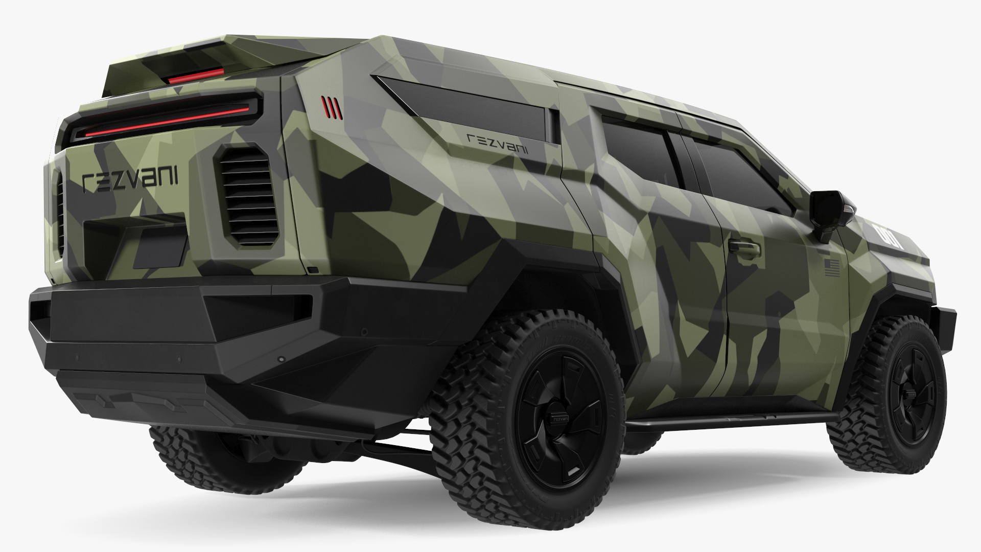 3D 2023 Rezvani Vengeance Armored SUV Camouflage Colored Lights On model