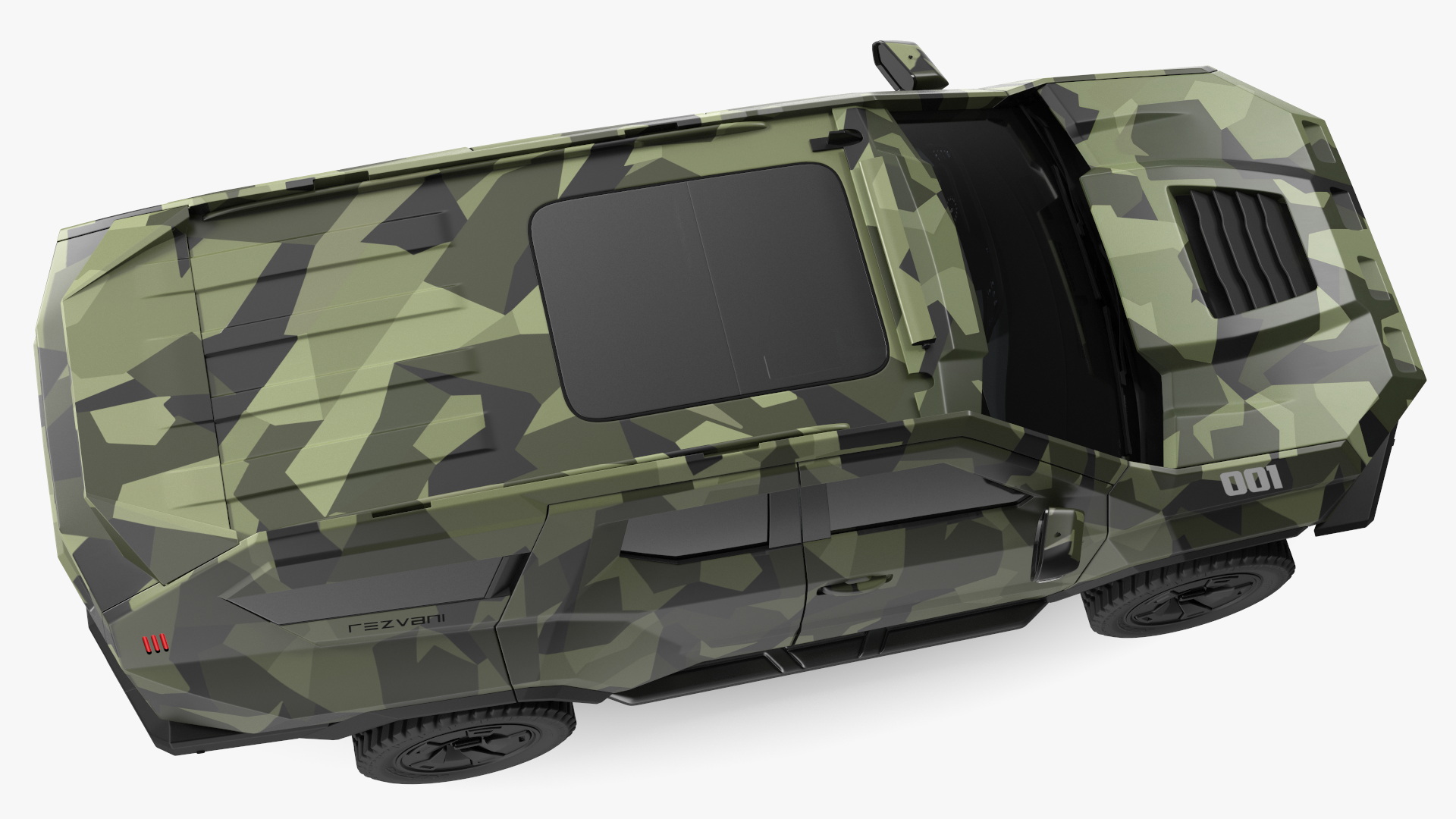 3D 2023 Rezvani Vengeance Armored SUV Camouflage Colored Lights On model