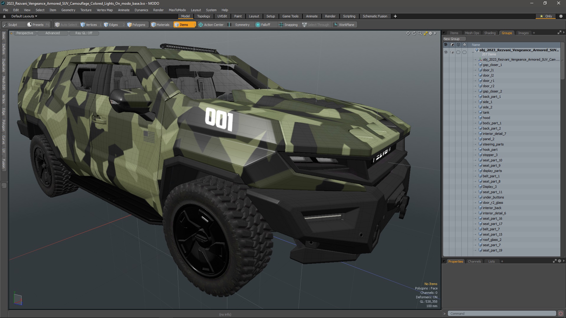 3D 2023 Rezvani Vengeance Armored SUV Camouflage Colored Lights On model