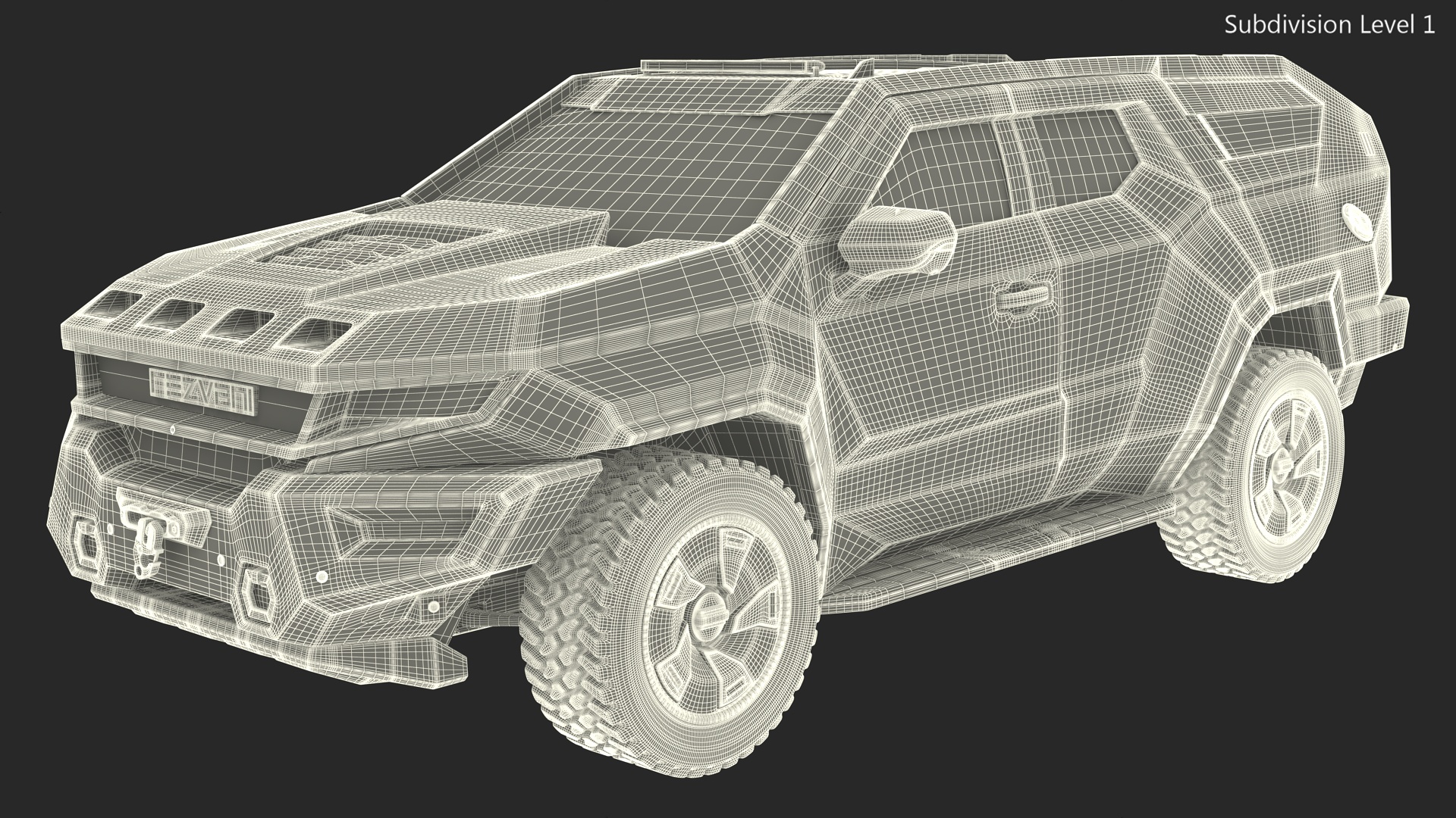 3D 2023 Rezvani Vengeance Armored SUV Camouflage Colored Lights On model