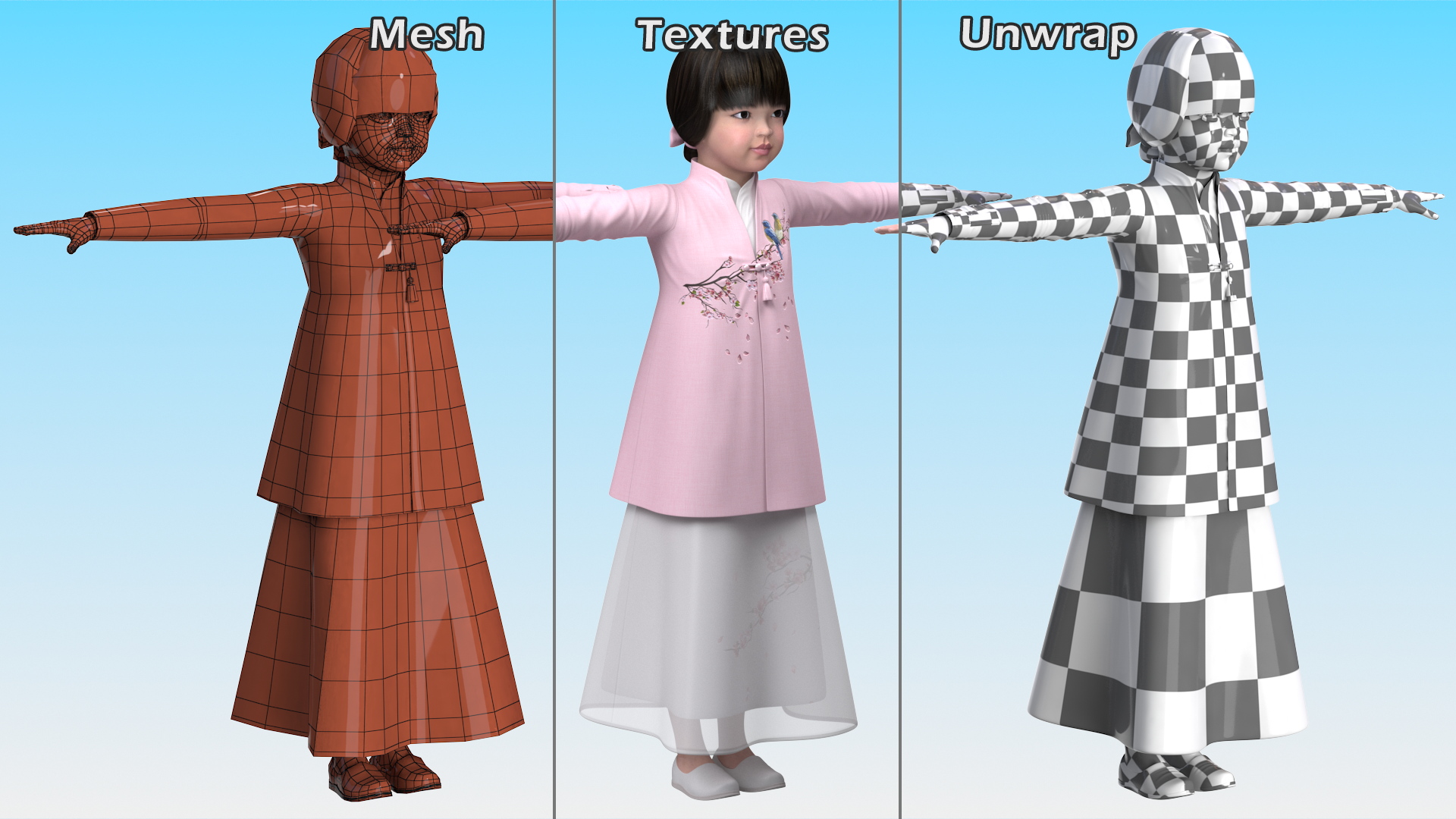 3D Child Girl from Asia in National Costume Rigged for Modo