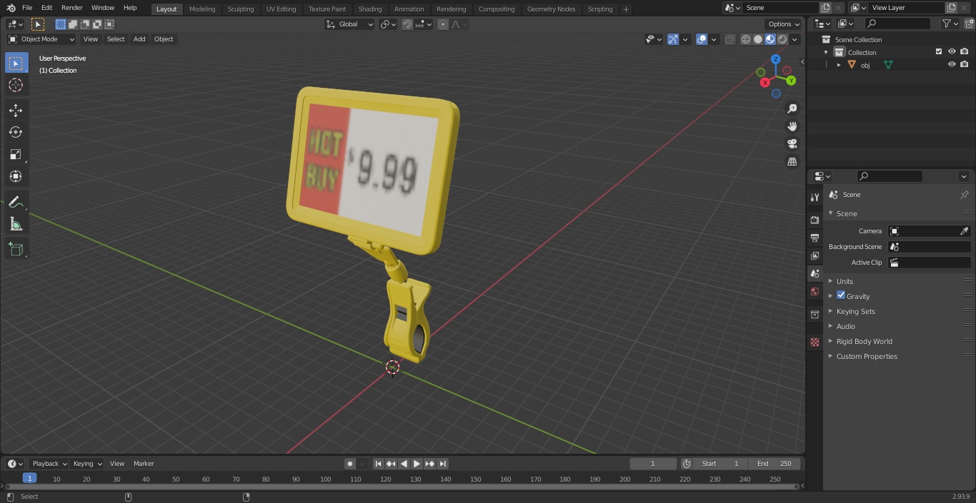 3D Plastic Tag with Clip Yellow model
