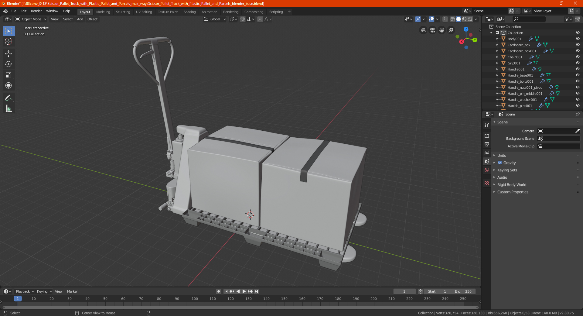 Scissor Pallet Truck with Plastic Pallet and Parcels 3D