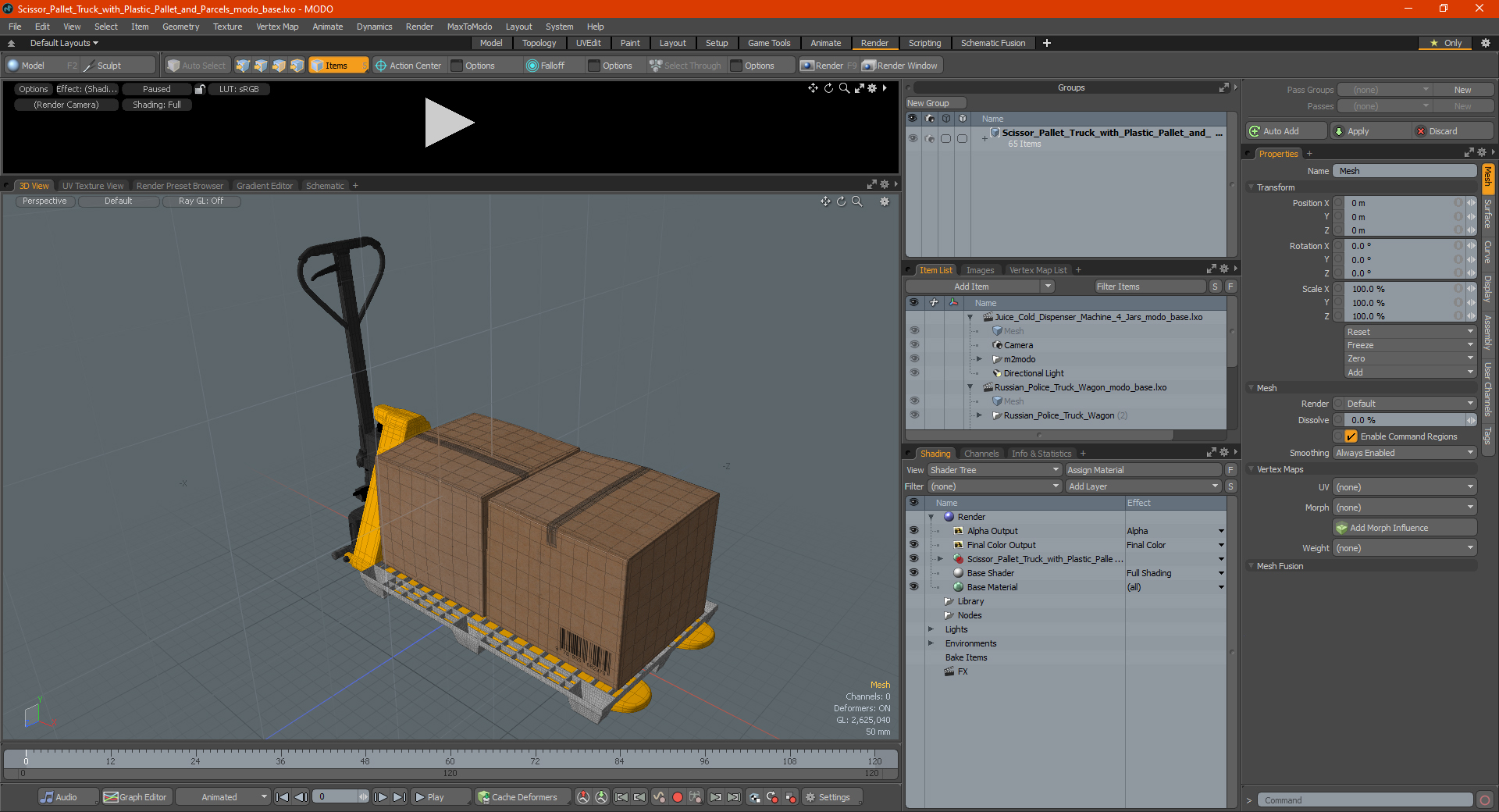 Scissor Pallet Truck with Plastic Pallet and Parcels 3D