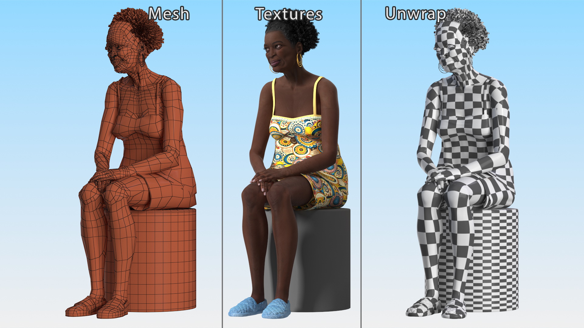 Afro American Old Lady in Sleeping Suit Sitting 3D