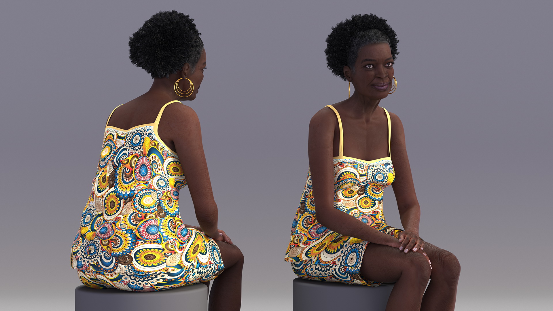 Afro American Old Lady in Sleeping Suit Sitting 3D