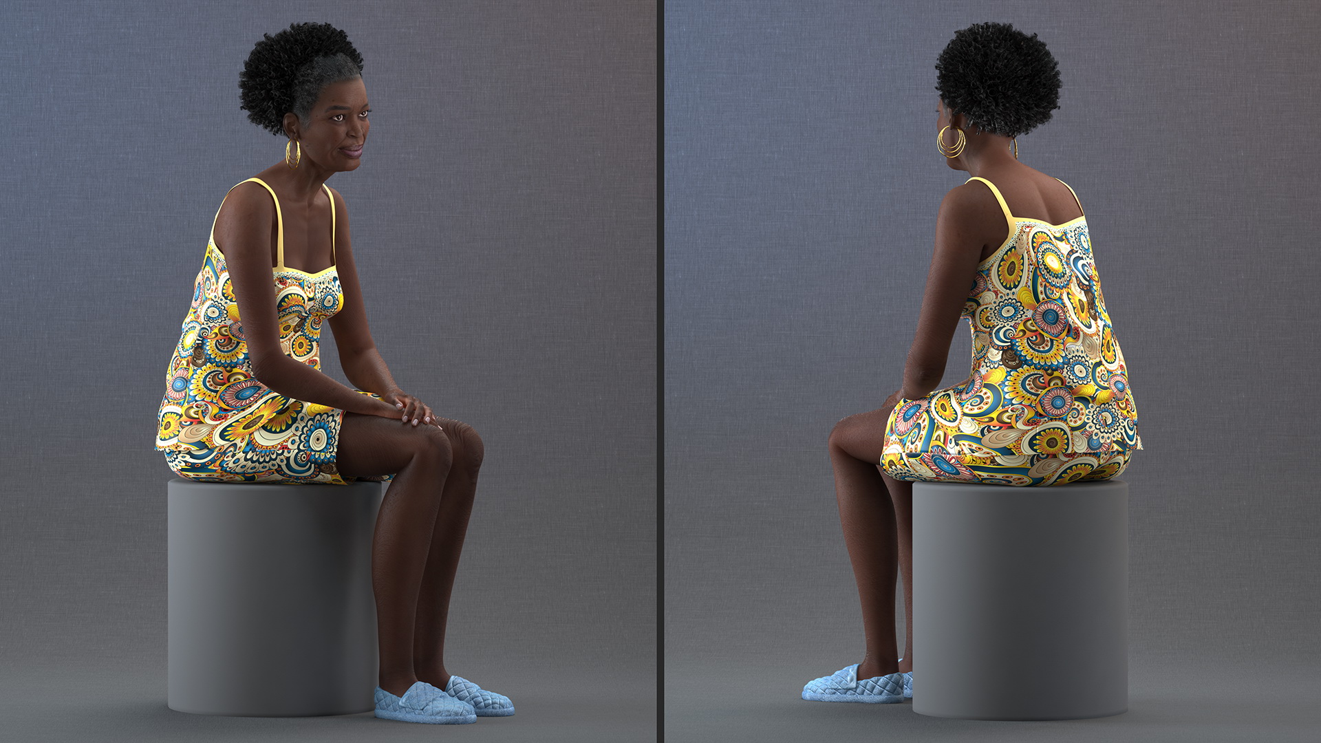 Afro American Old Lady in Sleeping Suit Sitting 3D