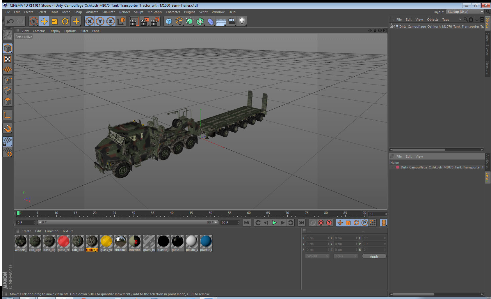 Dirty Camouflage Oshkosh M1070 Tank Transporter Tractor with M1000 Semi-Trailer 3D model