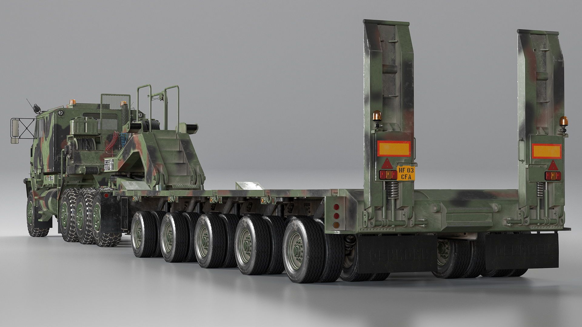 Dirty Camouflage Oshkosh M1070 Tank Transporter Tractor with M1000 Semi-Trailer 3D model