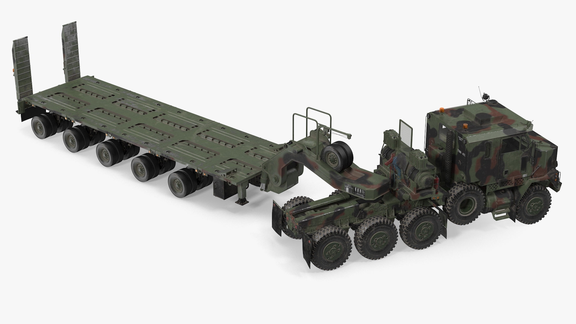Dirty Camouflage Oshkosh M1070 Tank Transporter Tractor with M1000 Semi-Trailer 3D model