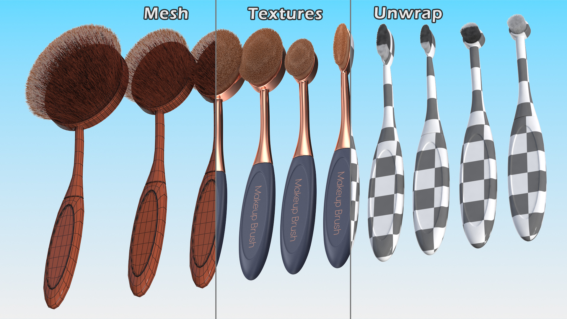 3D Professional Oval Makeup Brush Set Fur model