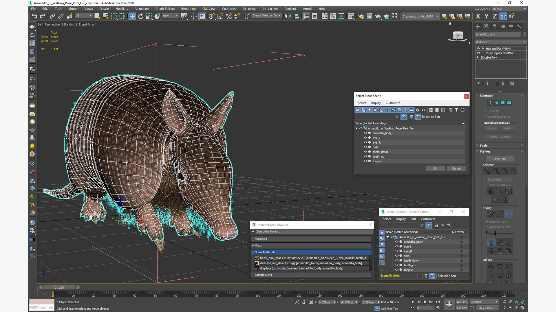 Armadillo in Walking Pose Pink Fur 3D model