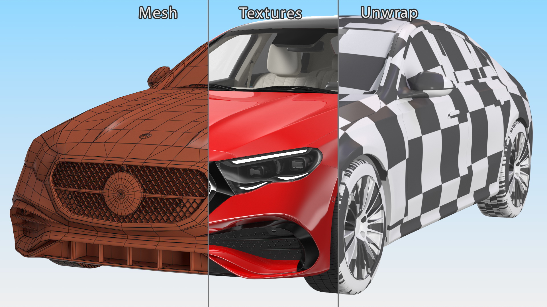 3D Mercedes E-class Red Color Rigged model