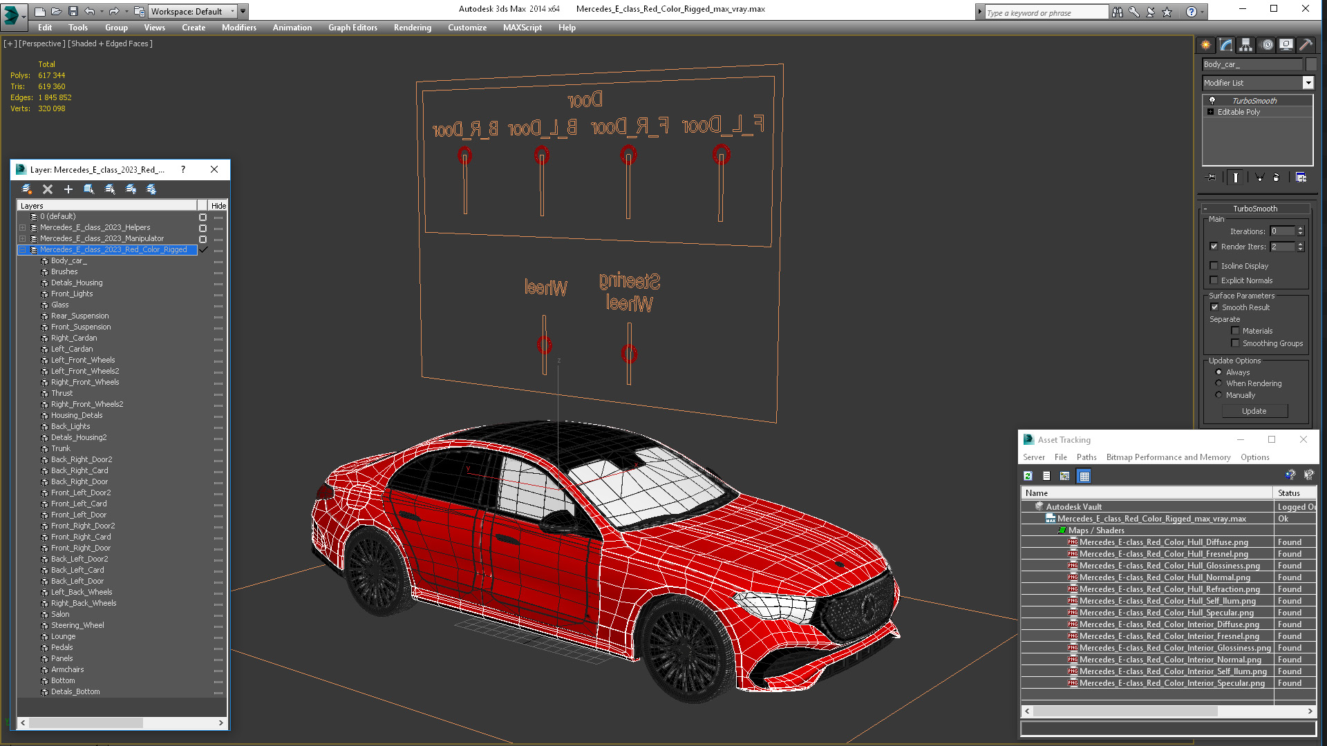 3D Mercedes E-class Red Color Rigged model