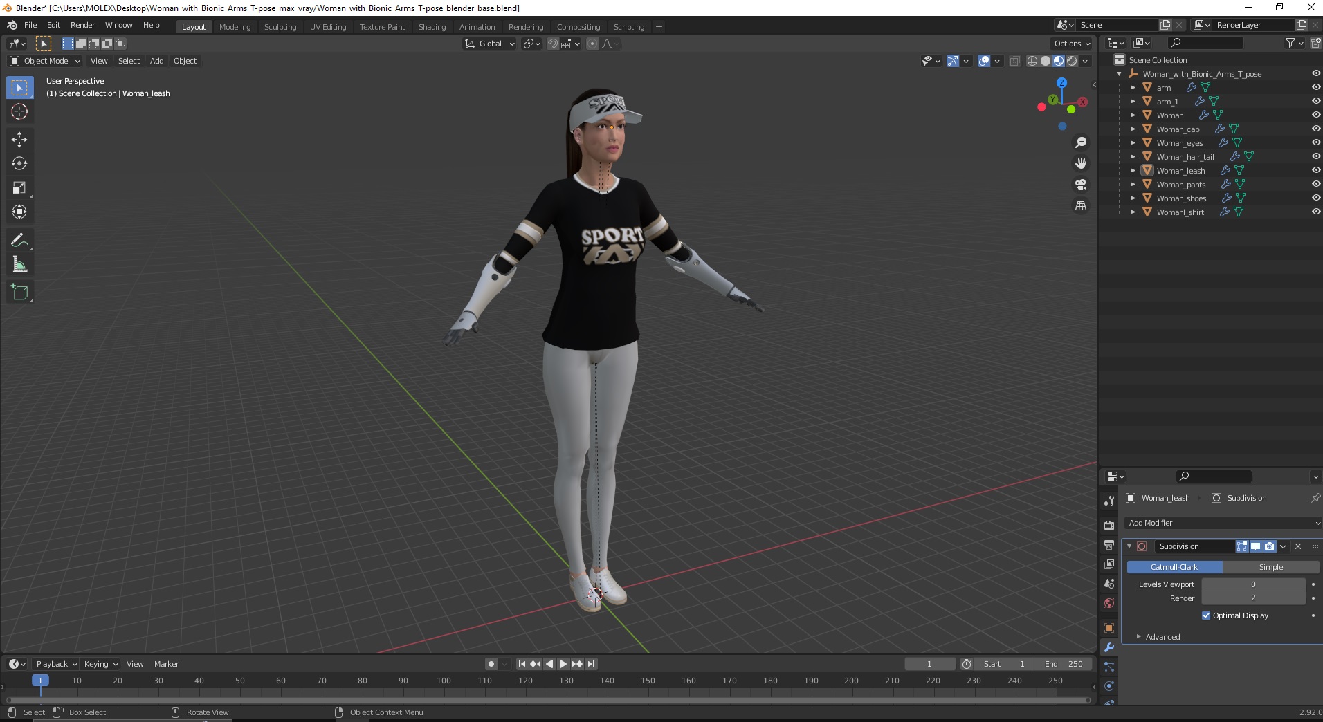 Woman with Bionic Arms T-pose 3D model