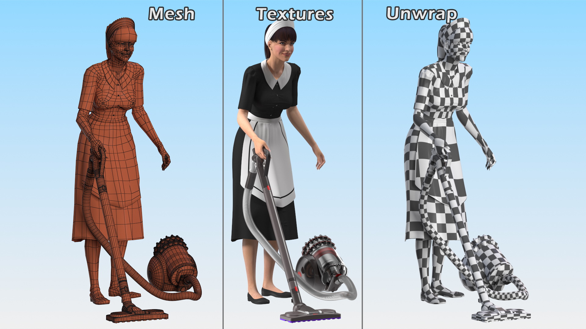 Housekeeping Maid with Dyson Big Ball Vacuum Cleaner Rigged 3D model