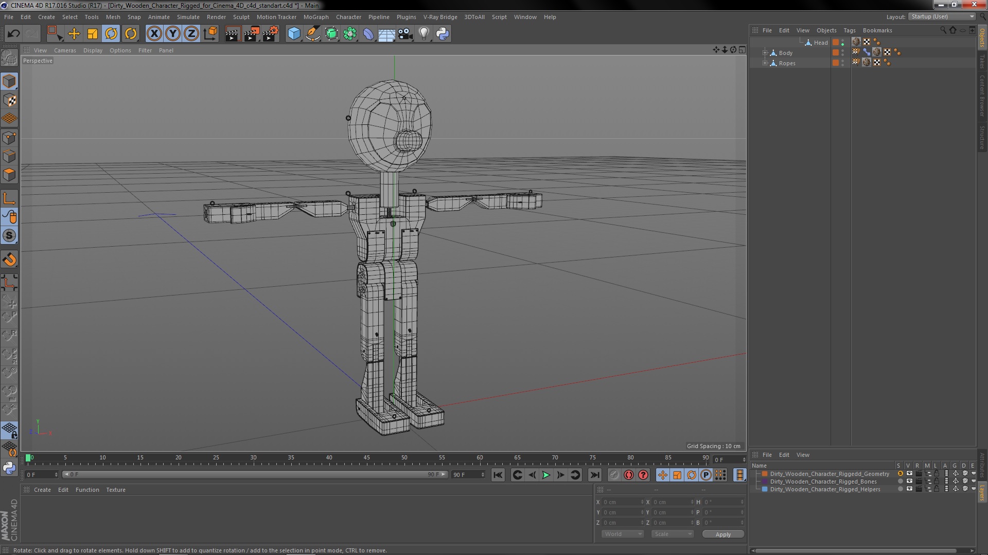 3D Dirty Wooden Character Rigged for Cinema 4D model