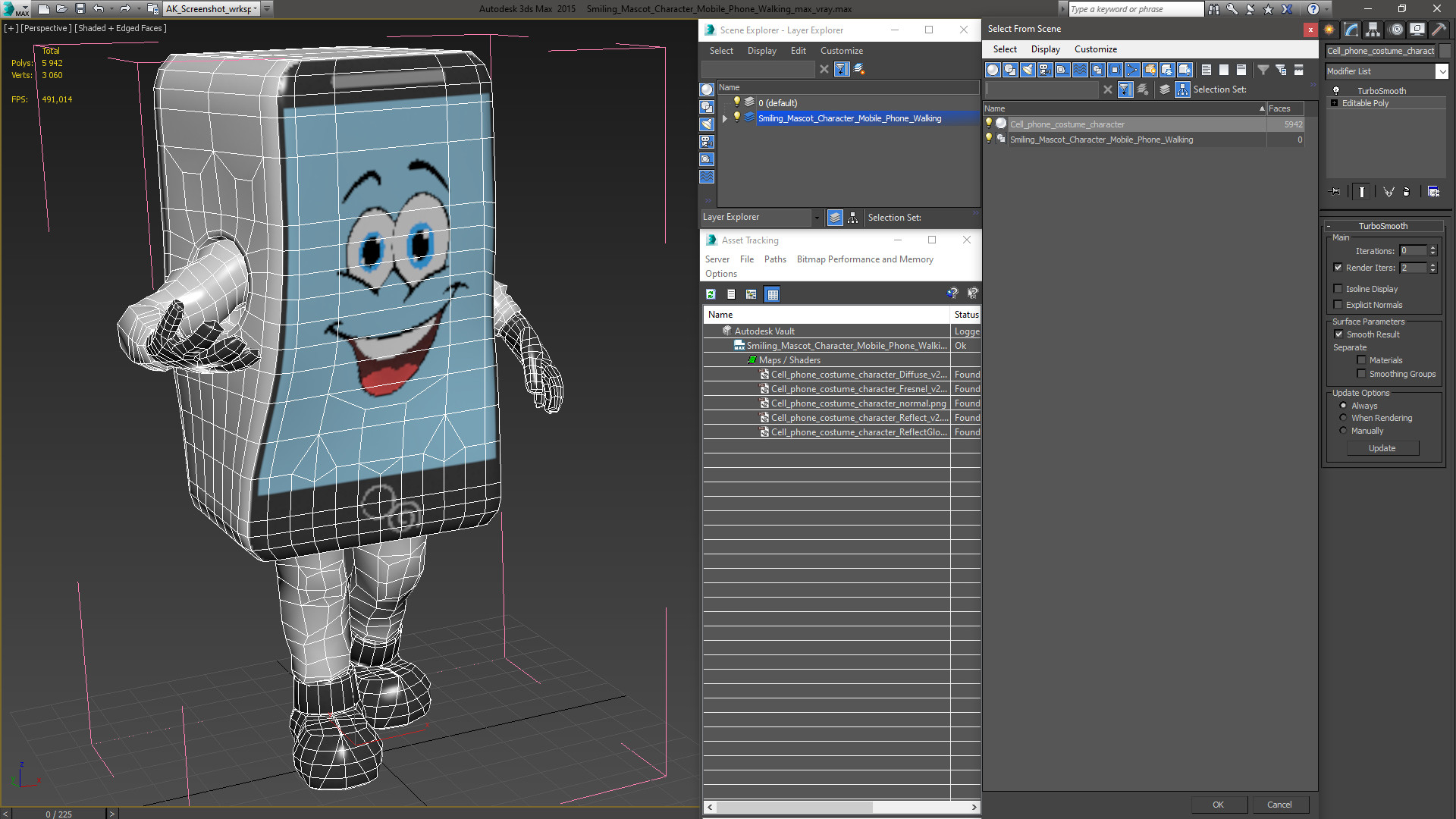 3D model Smiling Mascot Character Mobile Phone Walking