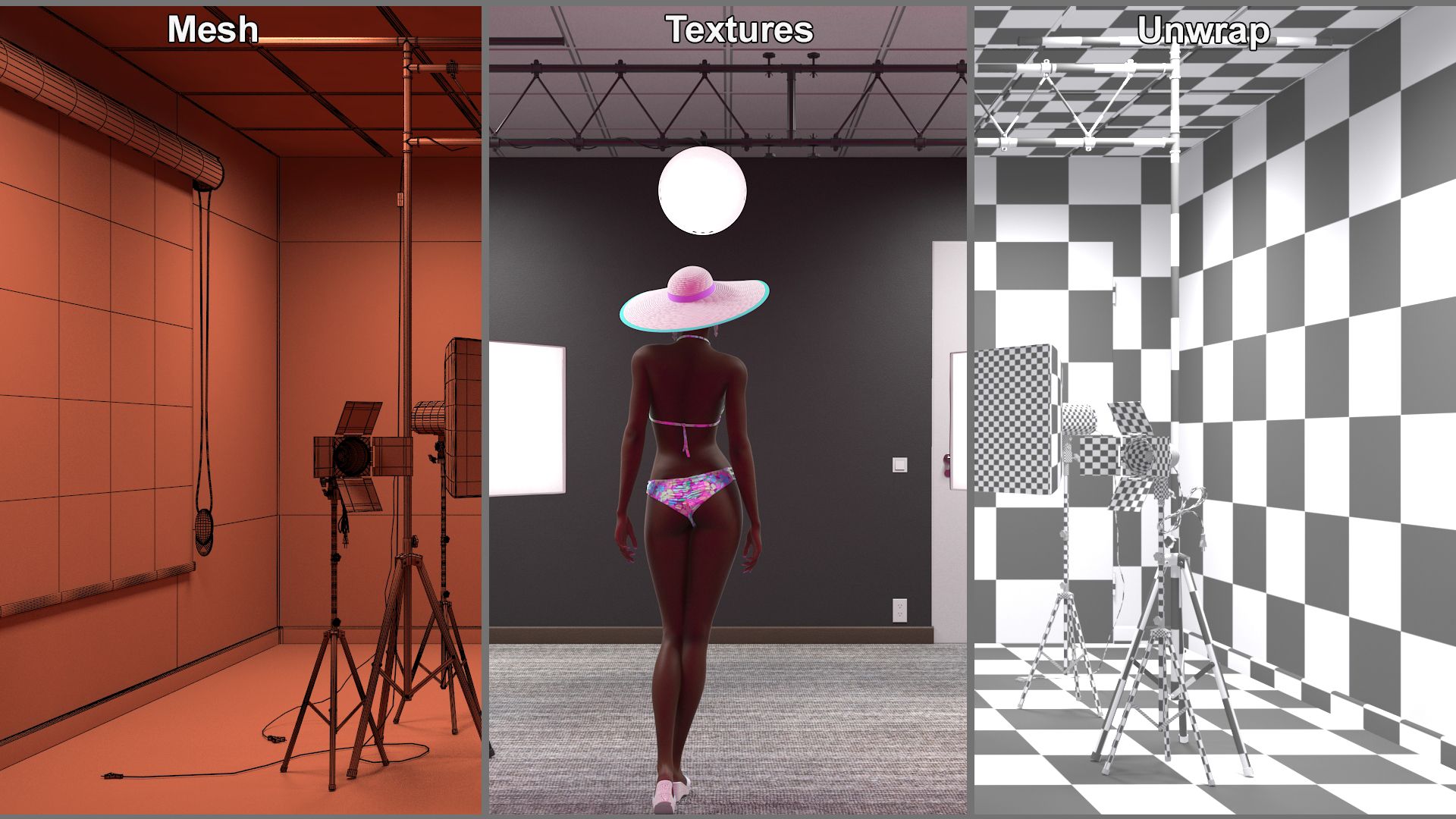 3D Dark Skinned Girl in Swimwear at Photo Studio Setting model