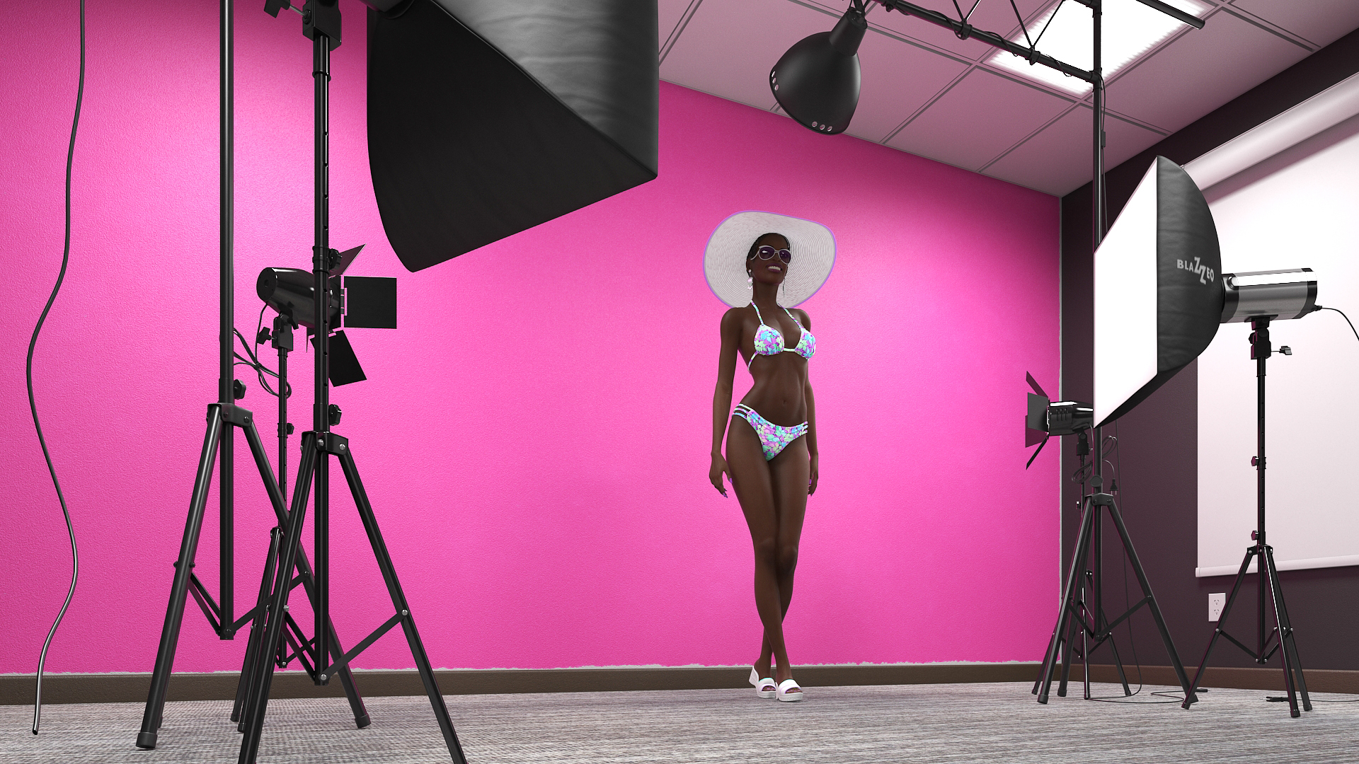 3D Dark Skinned Girl in Swimwear at Photo Studio Setting model