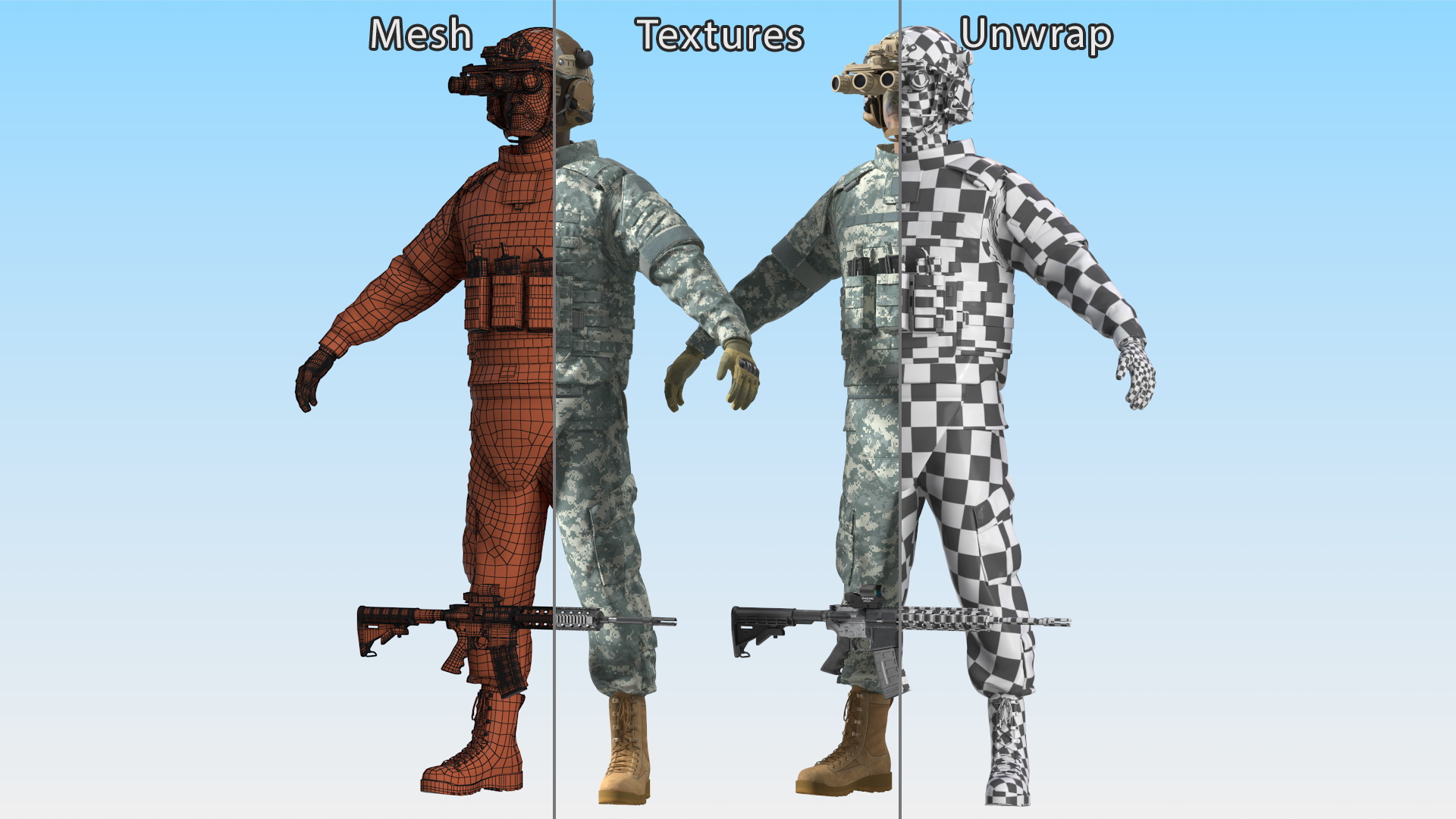 3D model Soldier Grey Camo with Night Visor Fur Rigged